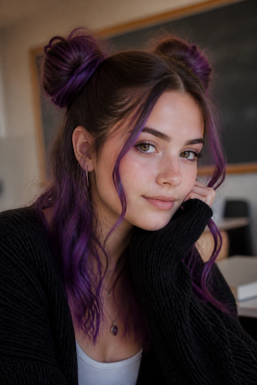 Close-up of real person with half-up amethyst space buns