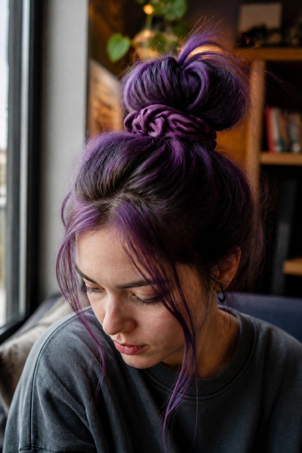 Close-up of real person with messy amethyst top knot