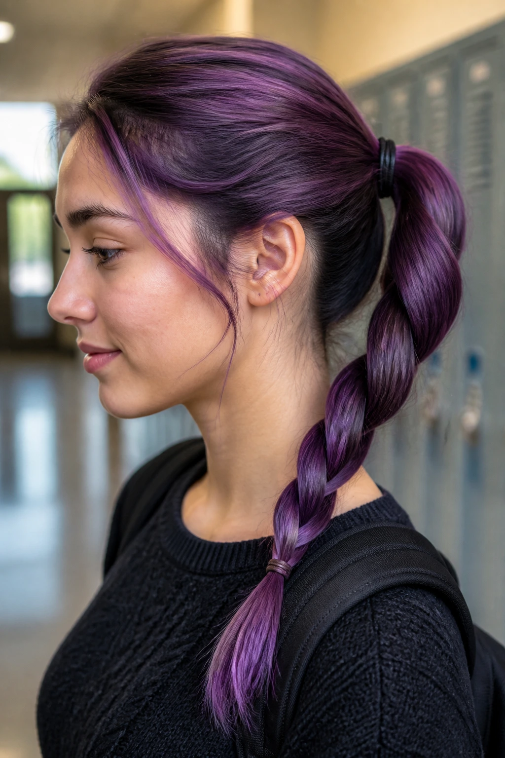 Close-up portrait of a real person with amethyst twisted ponytail in a school hallway setting