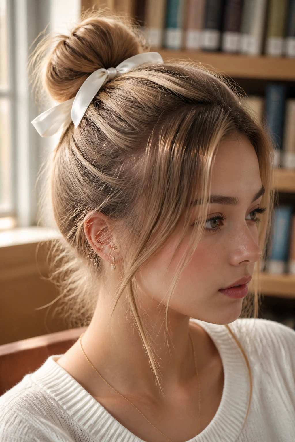 Close-up of a real woman with a half-up bun and ribbon in a sunlit school library.