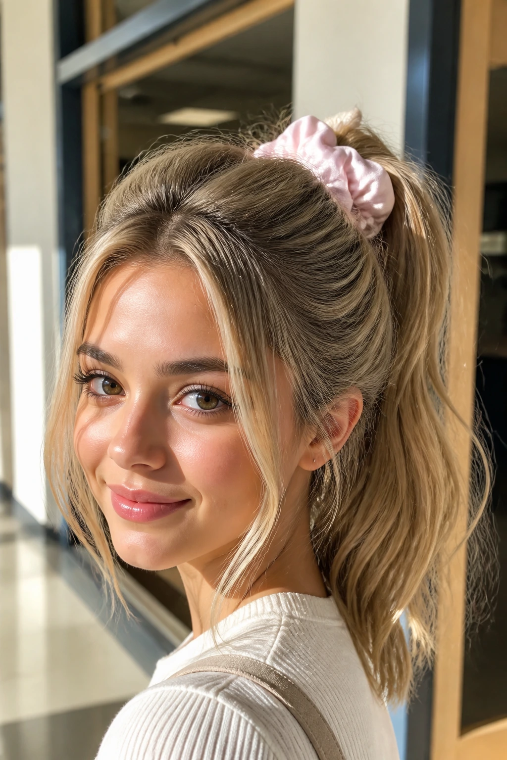 Close-up of a real person with a voluminous high ponytail in a sunlit school hallway.