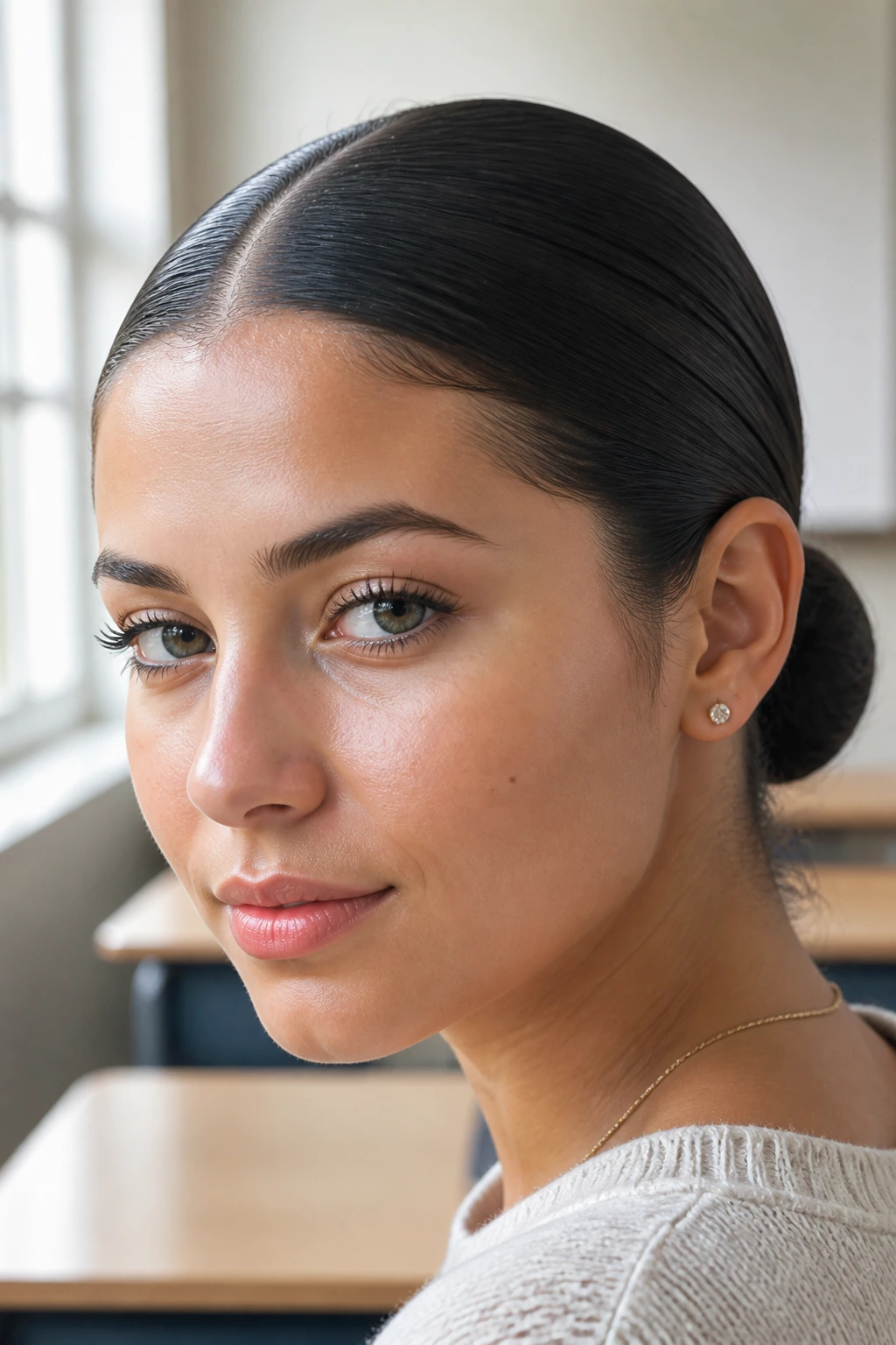 Close-up of a real person with a sleek center-part low bun in a bright classroom setting.