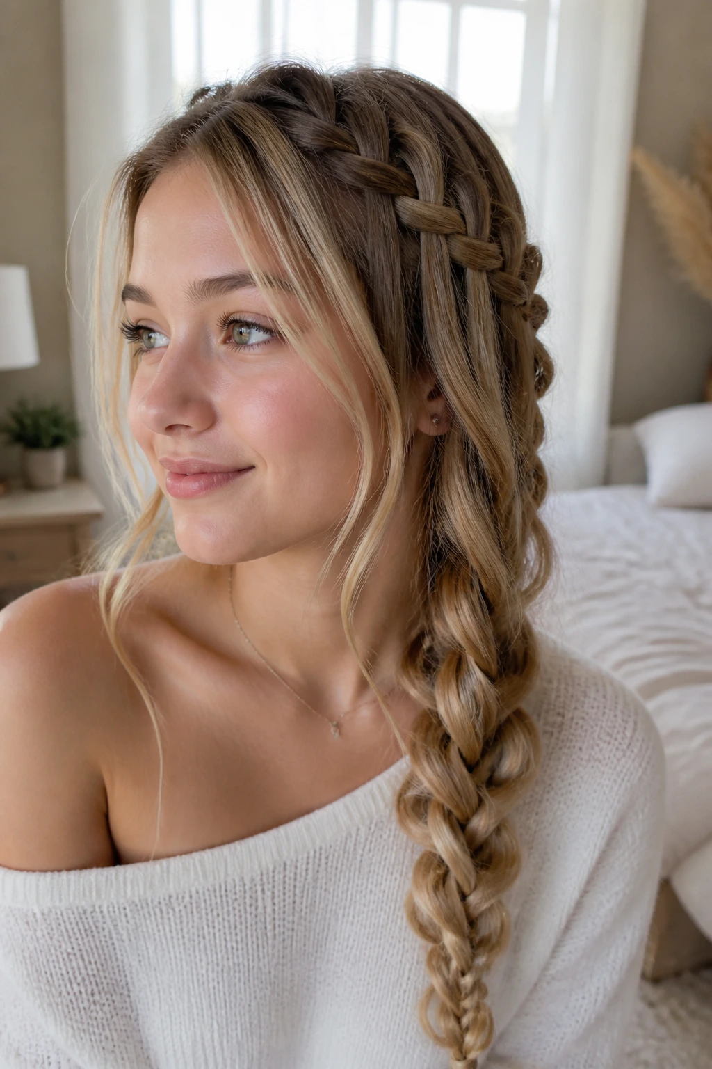 Close-up portrait of a real person with an angelic waterfall braid in a sunlit bedroom