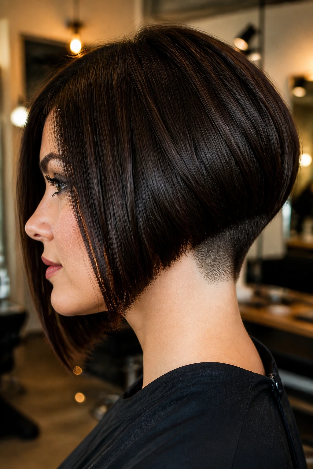Portrait of woman with sharp angled bob and visible nape undercut