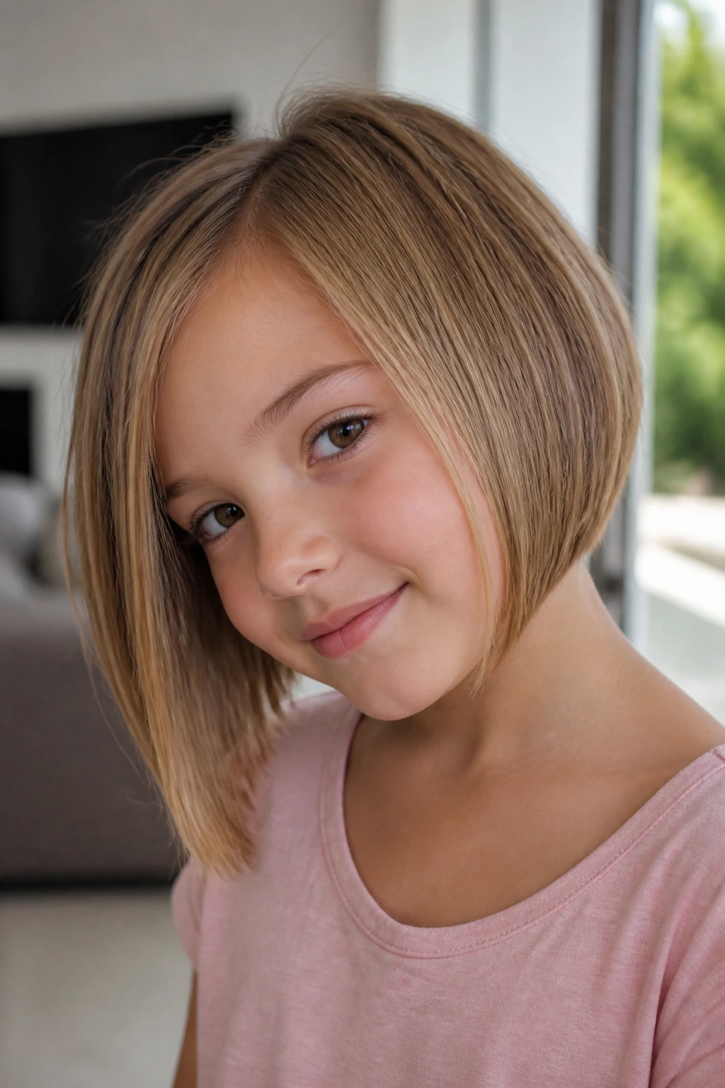 Child with angled inverted bob showing shorter back and longer front