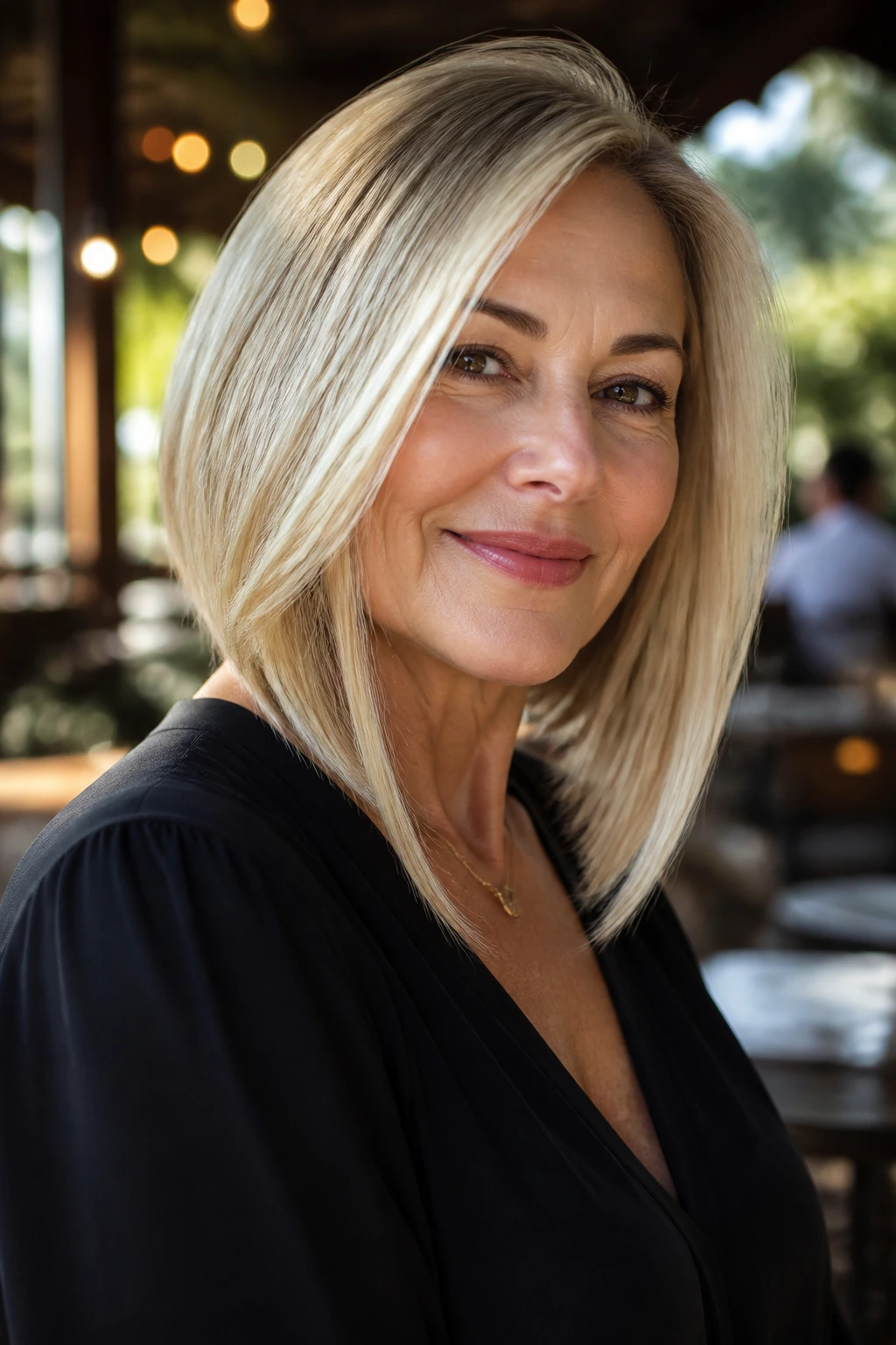 Close-up of a real woman with an angled long bob hairstyle