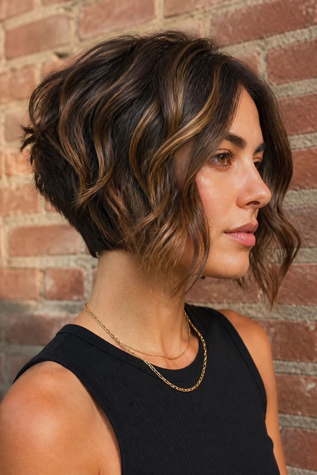 Portrait of a woman with an angled stacked bob showing back-to-front angle