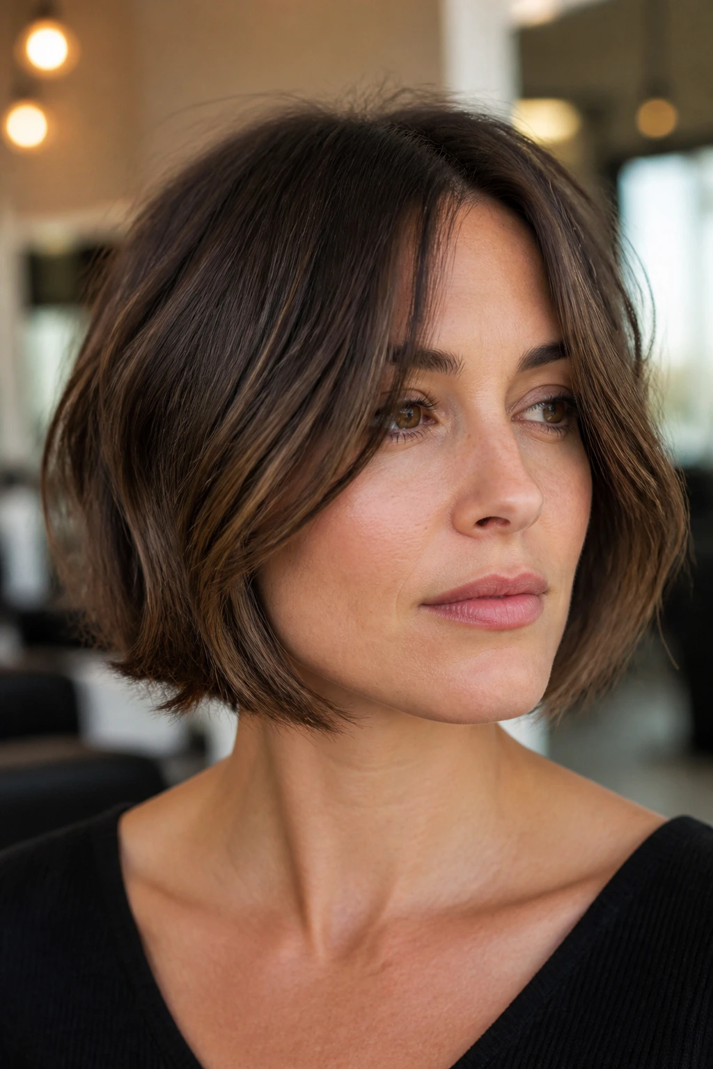 Real person with angular bob flattering a square jawline