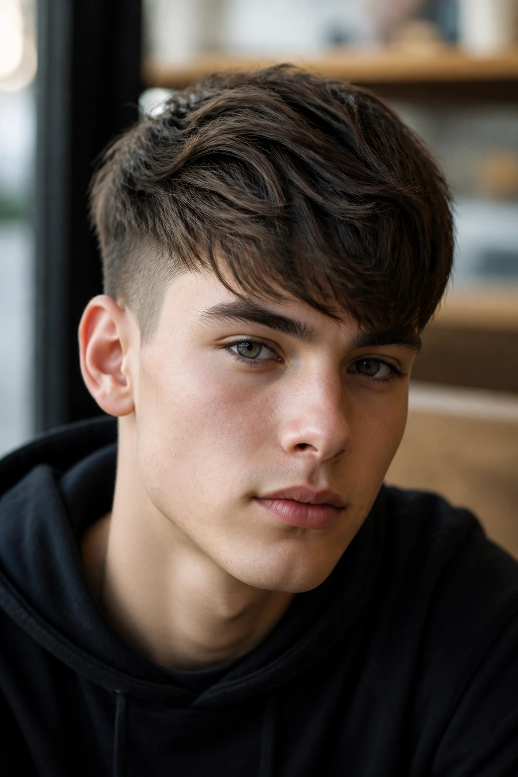 Teen with angular fringe cut across forehead