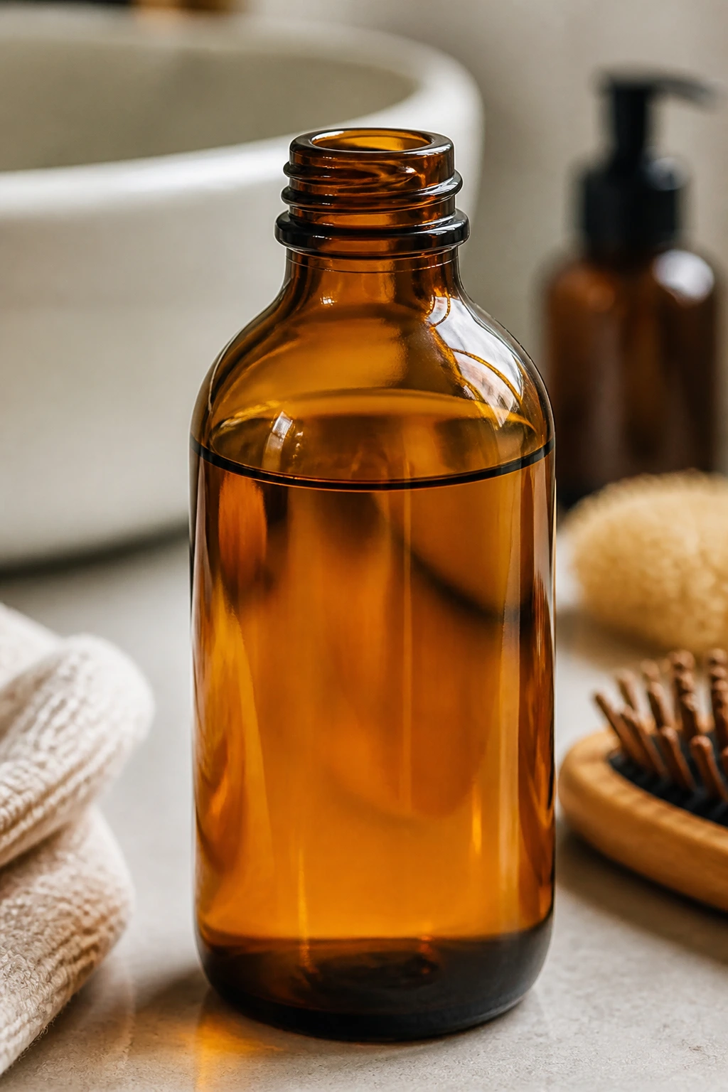 Amber bottle of apple cider vinegar rinse on bathroom counter