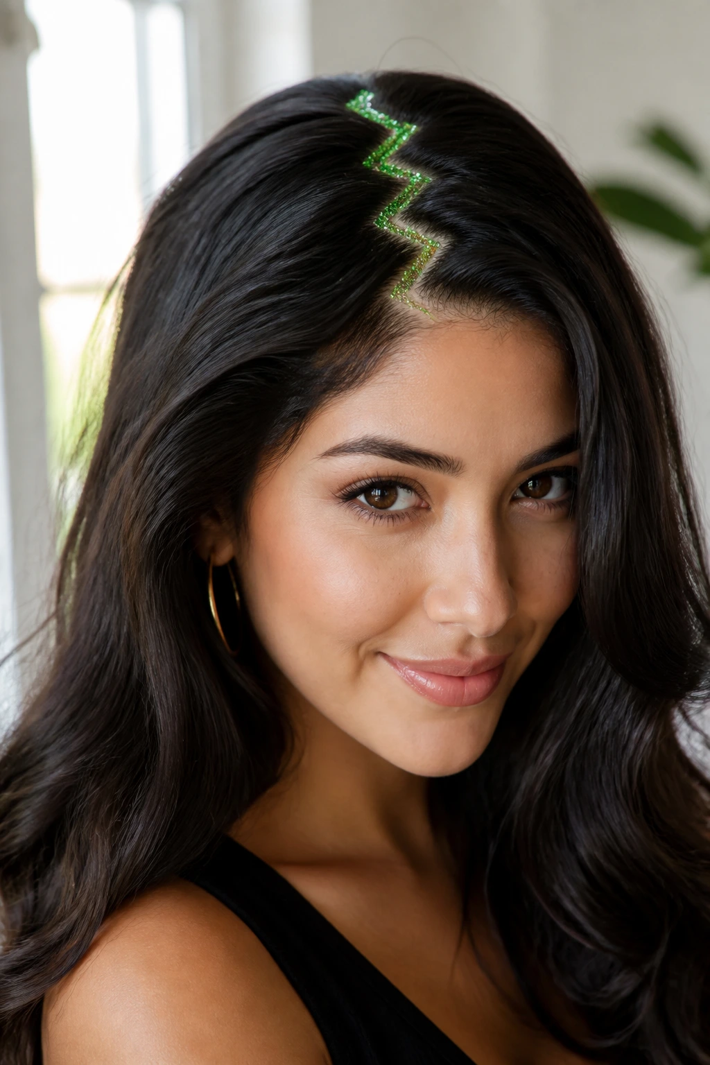 Real woman with apple green glitter zig-zag parting on crown