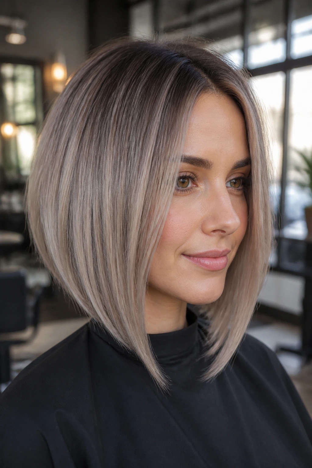Portrait of a real woman with an ash-toned A-line lob and sharp shape