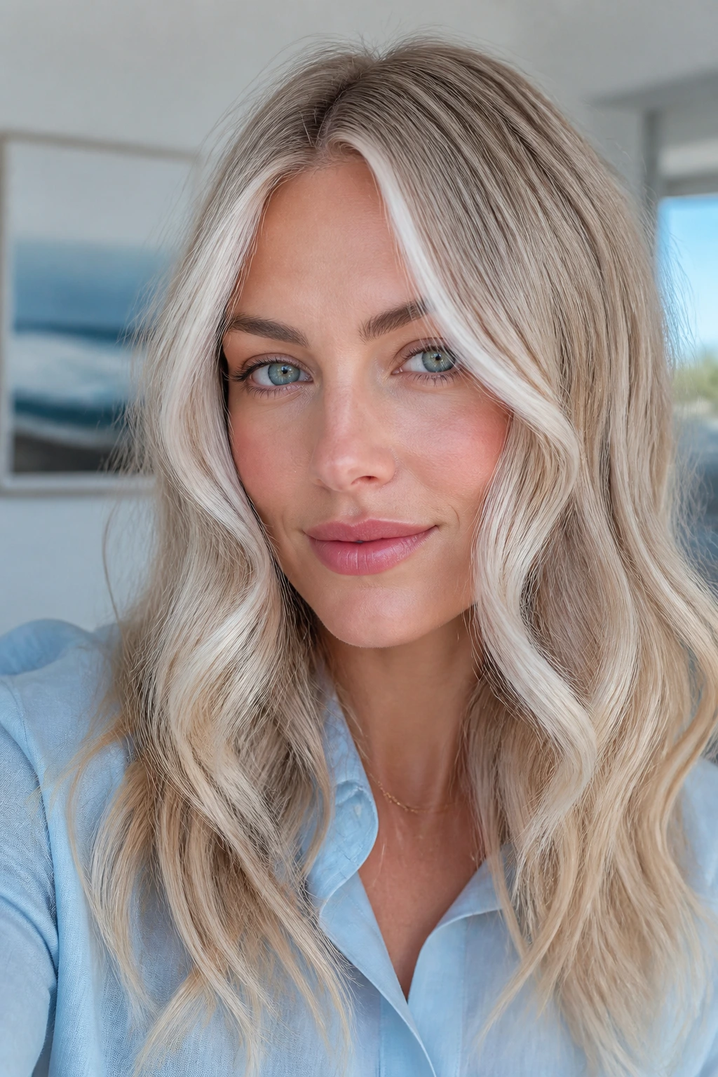 Portrait of a person with ash blonde base and platinum frosting in bright light
