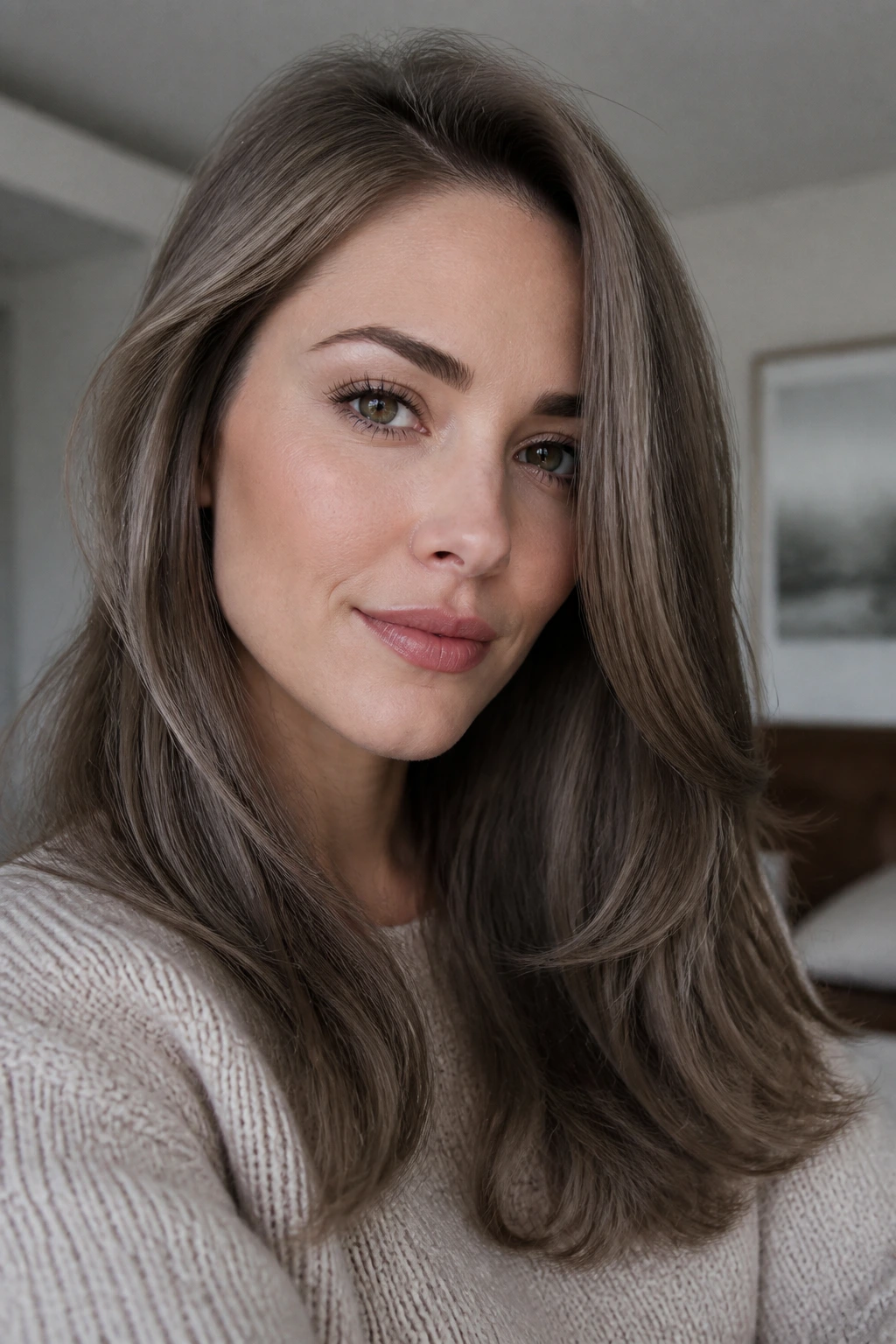 Real person with soft ash brown hair in cool natural light.