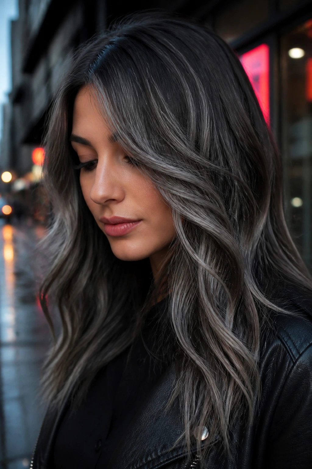 Close-up of charcoal hair with ash-grey frosting highlights on a real person
