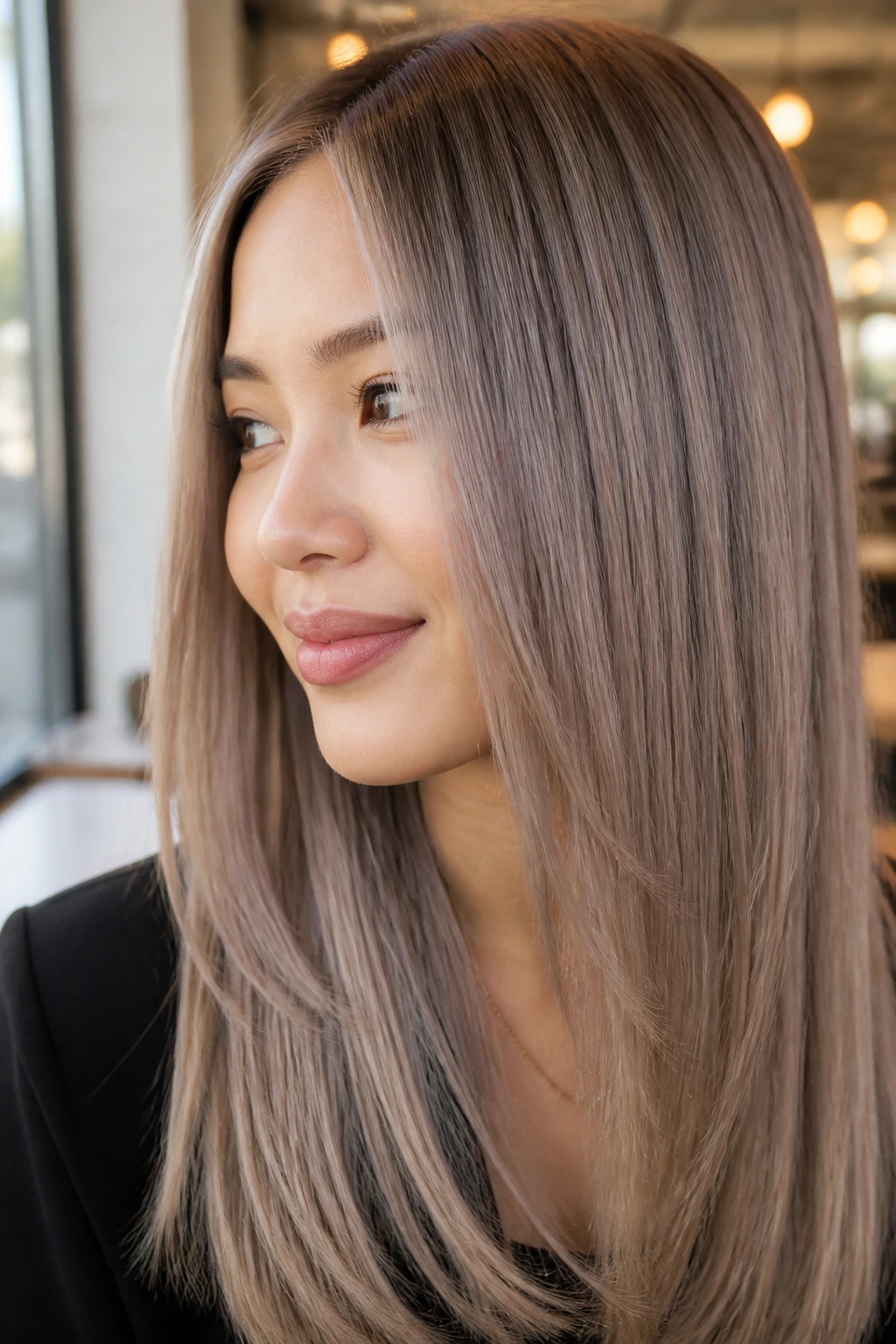 Close-up portrait of a real woman with ash infused greige hair by a cafe window.