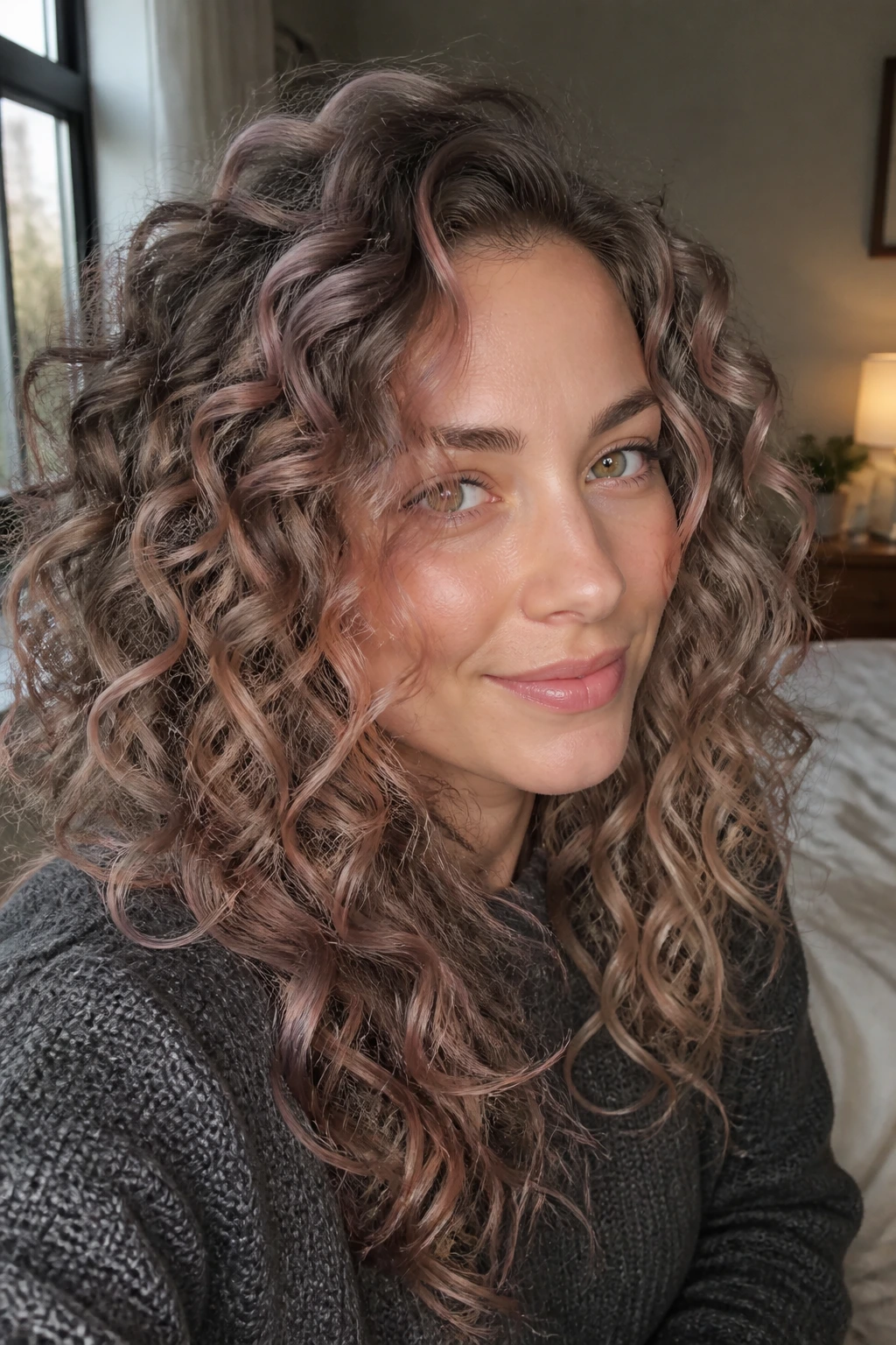 Ashy curls with soft rose gold babylights in natural light