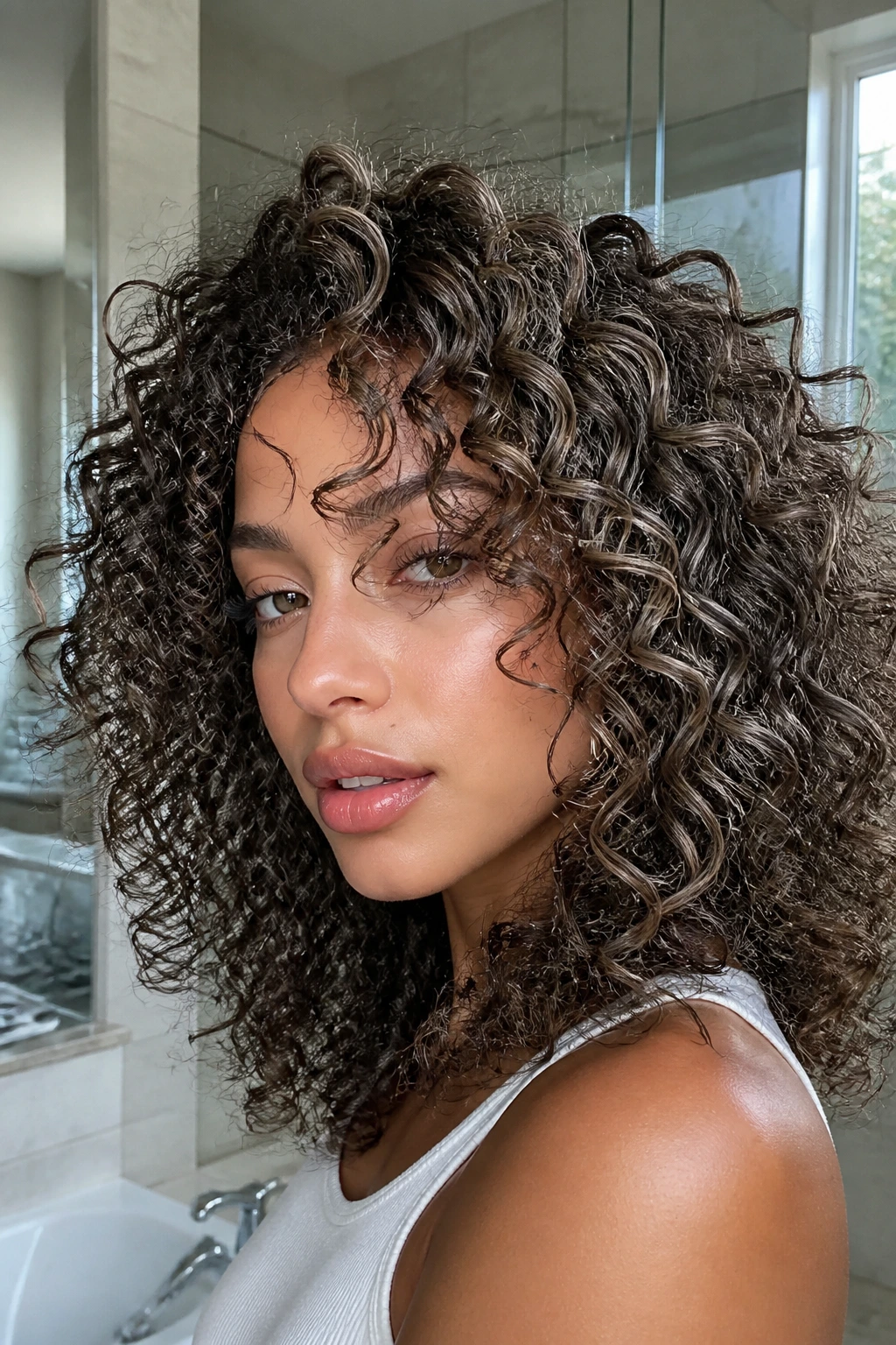 Close-up of a real person with ashy mushroom brown curls and glossy finish