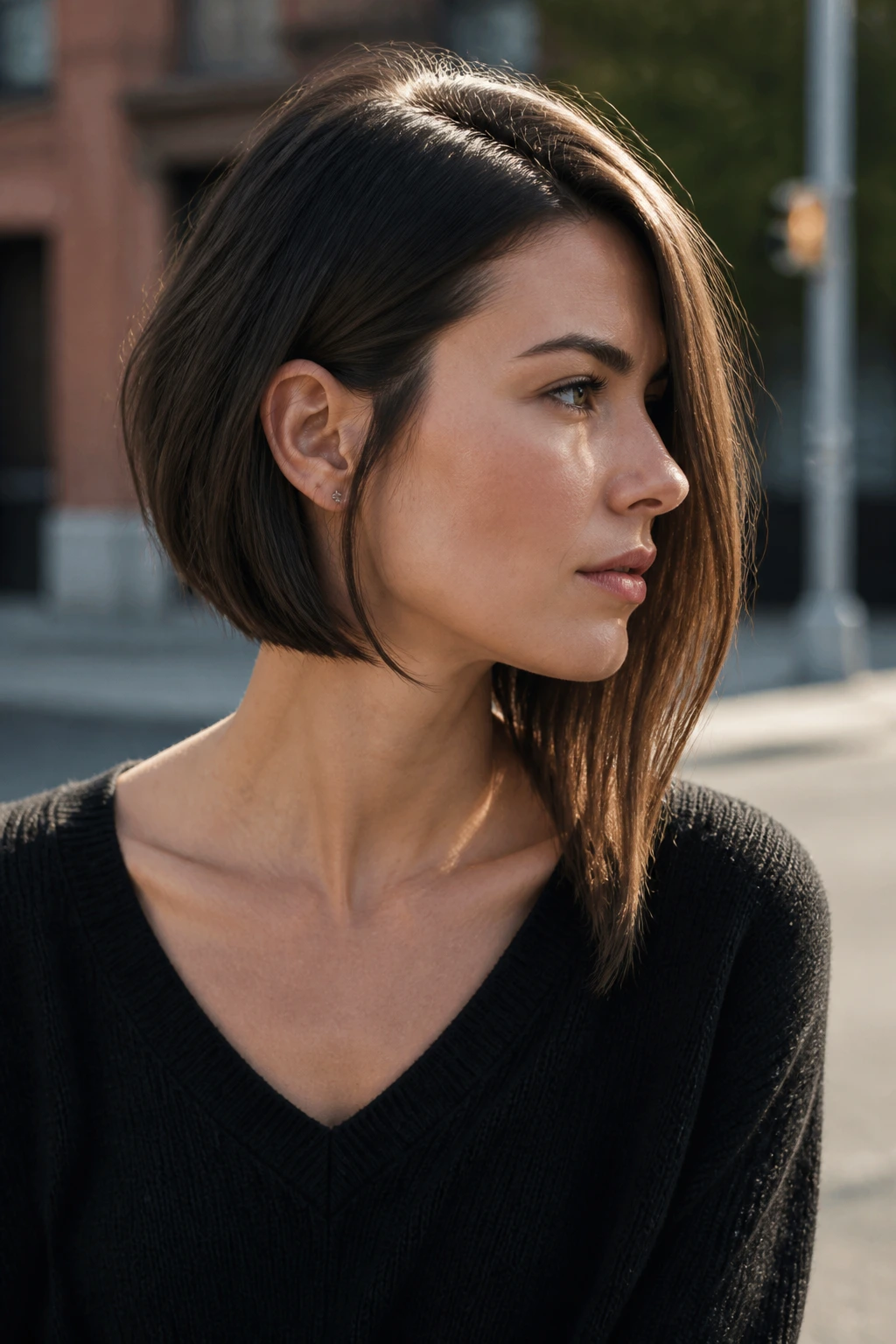 Three-quarter portrait of a real woman with an asymmetric angled lob hairstyle