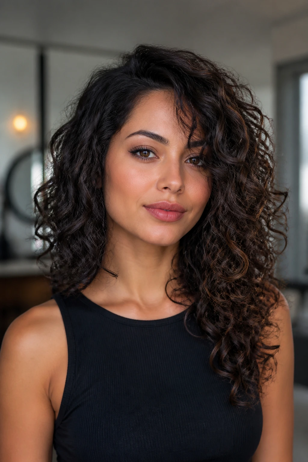 Close-up of a real woman with asymmetric butterfly curls