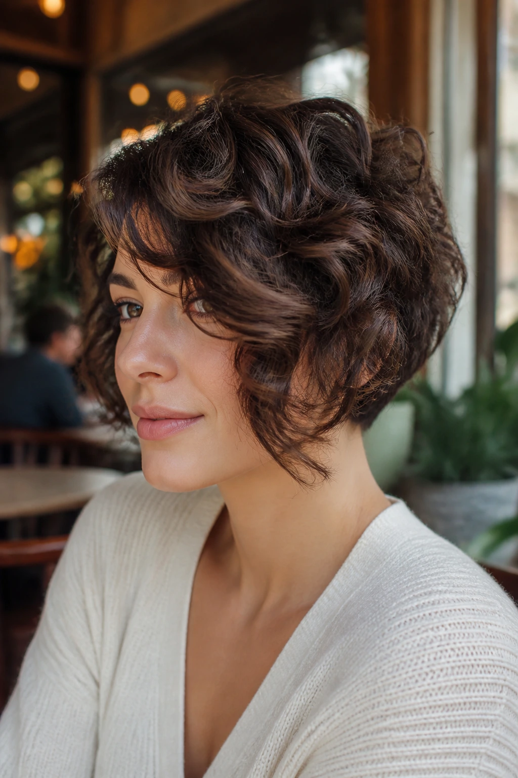 Close-up of an asymmetric curly bob with forehead sweep