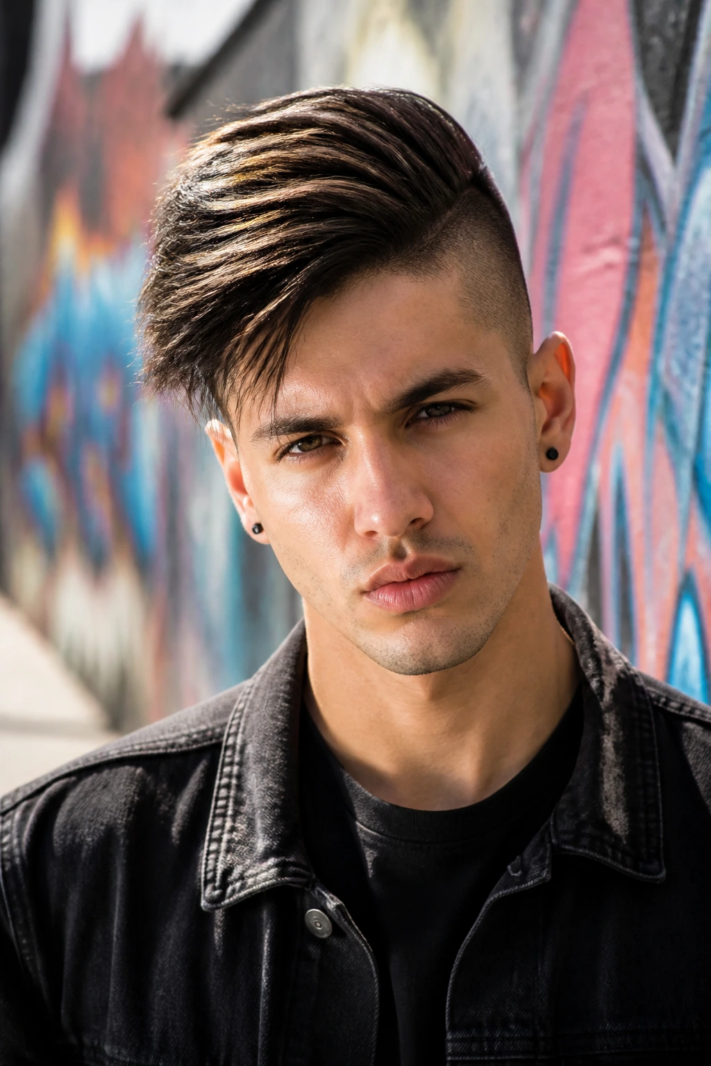 Portrait of a man with asymmetric fohawk swooping to the center