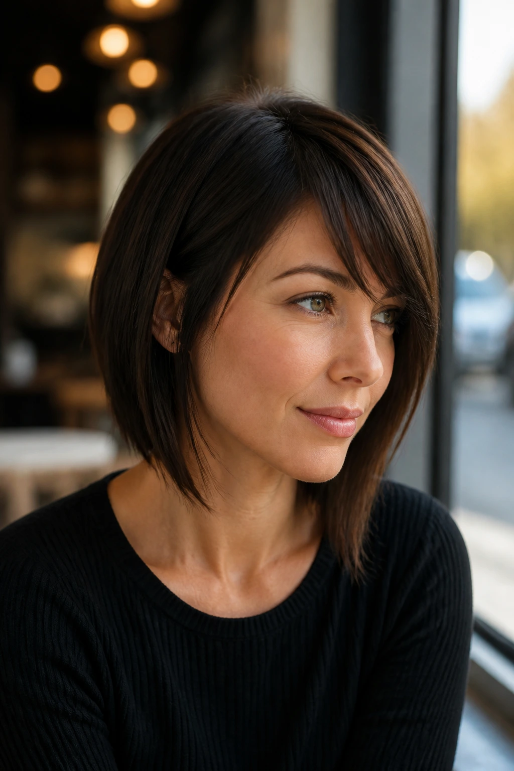 Brunette with asymmetric lob and side-swept bangs by cafe window