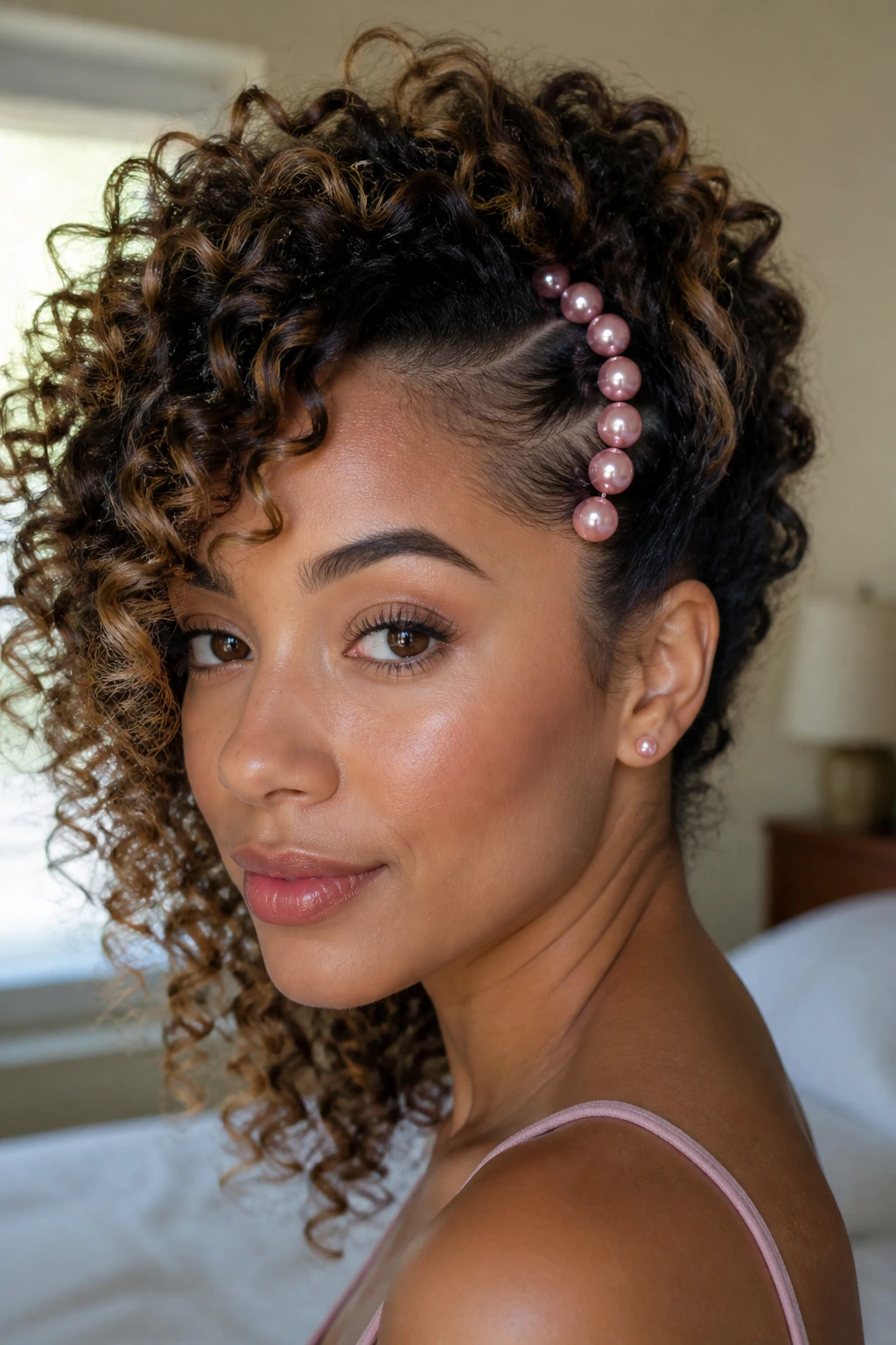 Close-up of a real woman with an asymmetric side-sweep curly hairstyle adorned with dusty-pink pearl pins