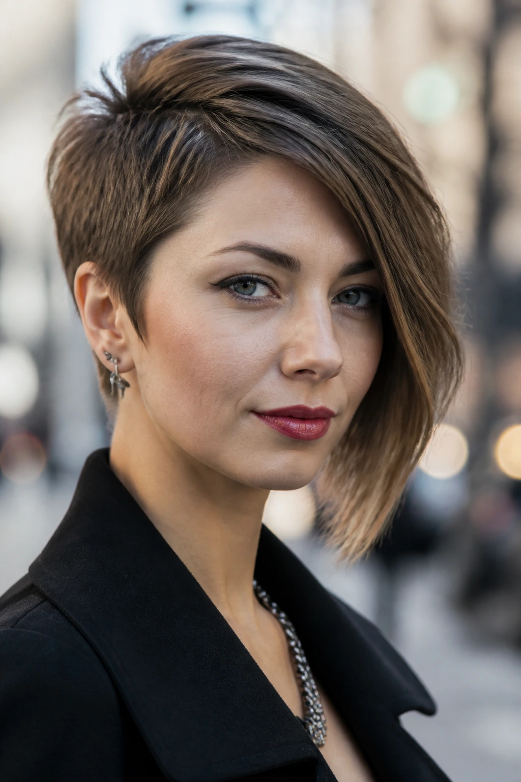 Close-up of a real woman with an asymmetric pixie-bob hairstyle.