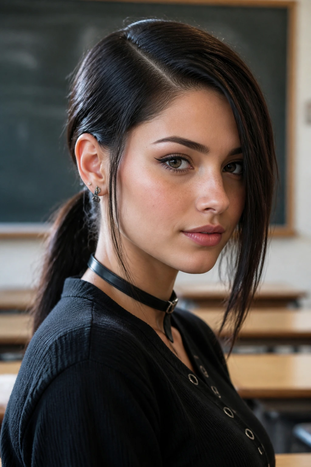 Portrait of a person with an asymmetric side-part ponytail in a classroom