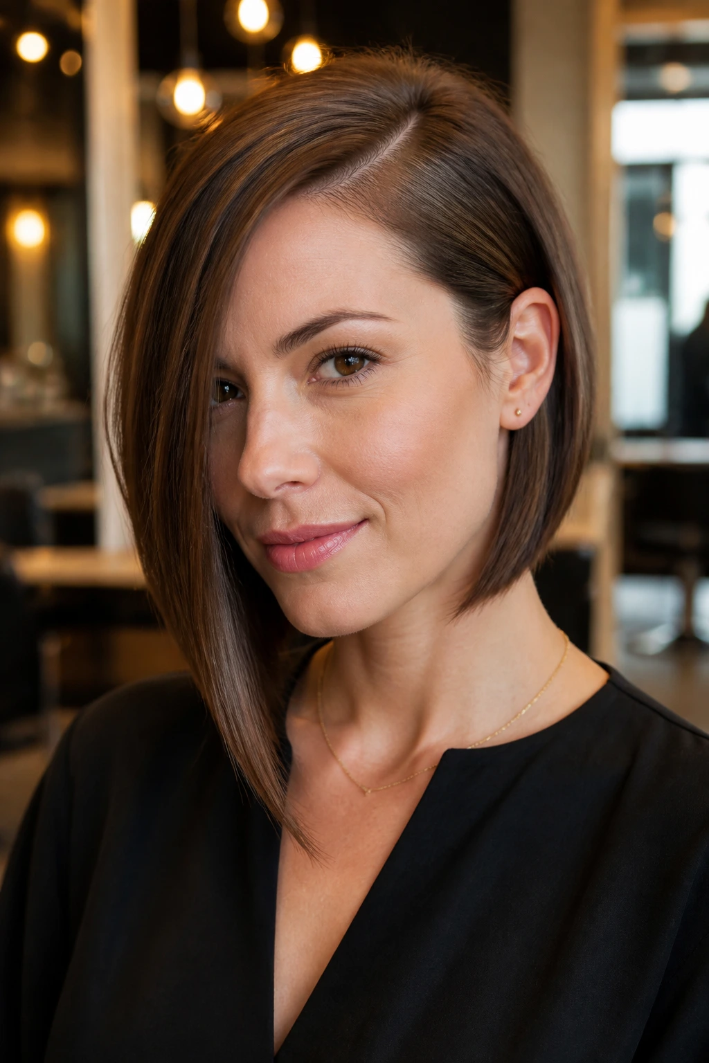 Close-up of a real woman with an asymmetrical angled bob and longer side.