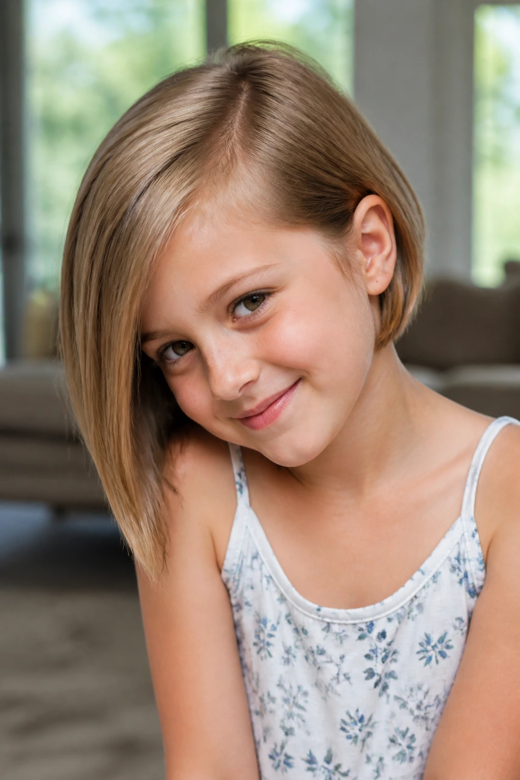 Close-up of a real child with an asymmetrical side-part bob in a bright room