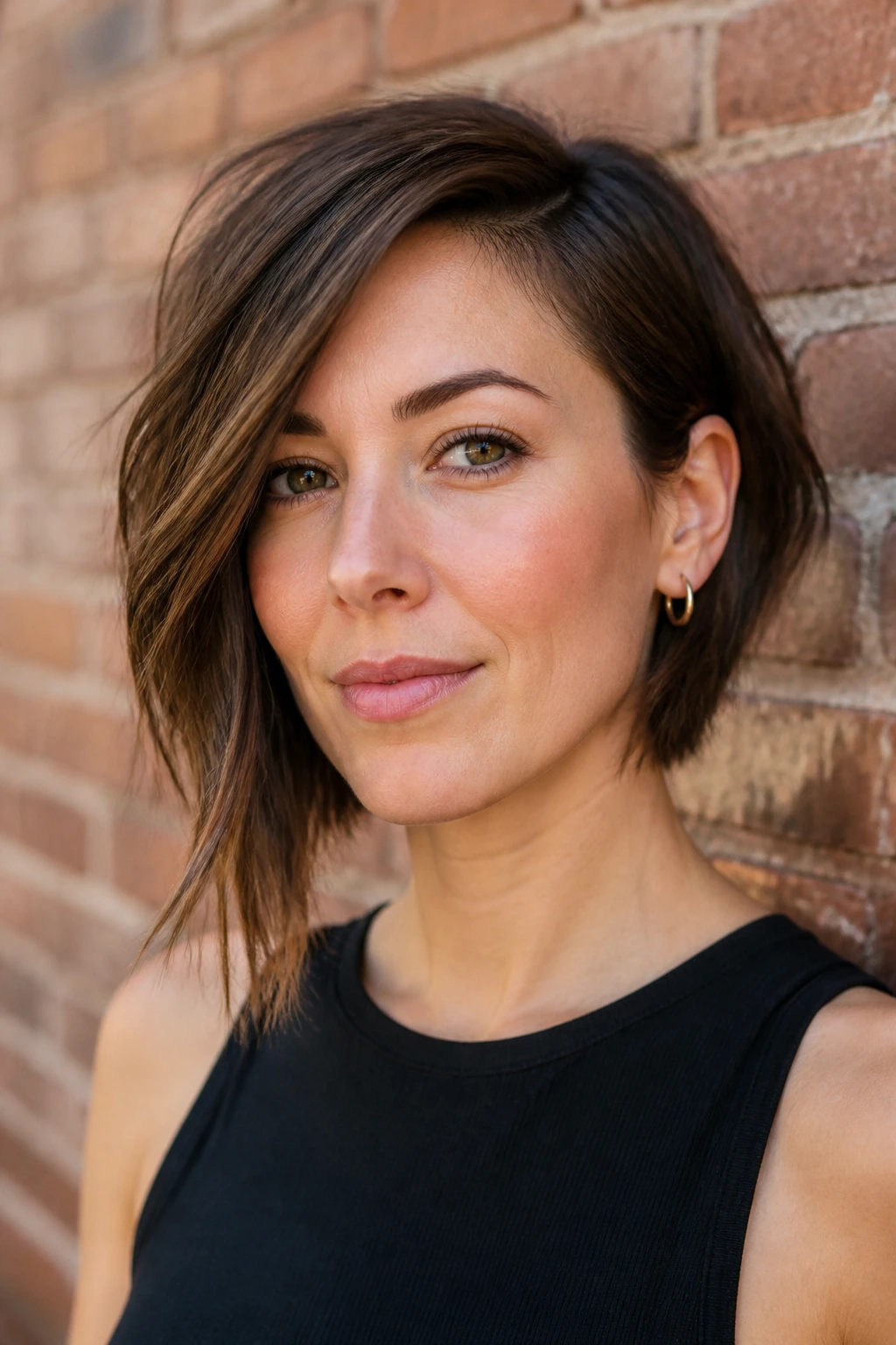 Portrait of a real woman with an asymmetrical choppy bob