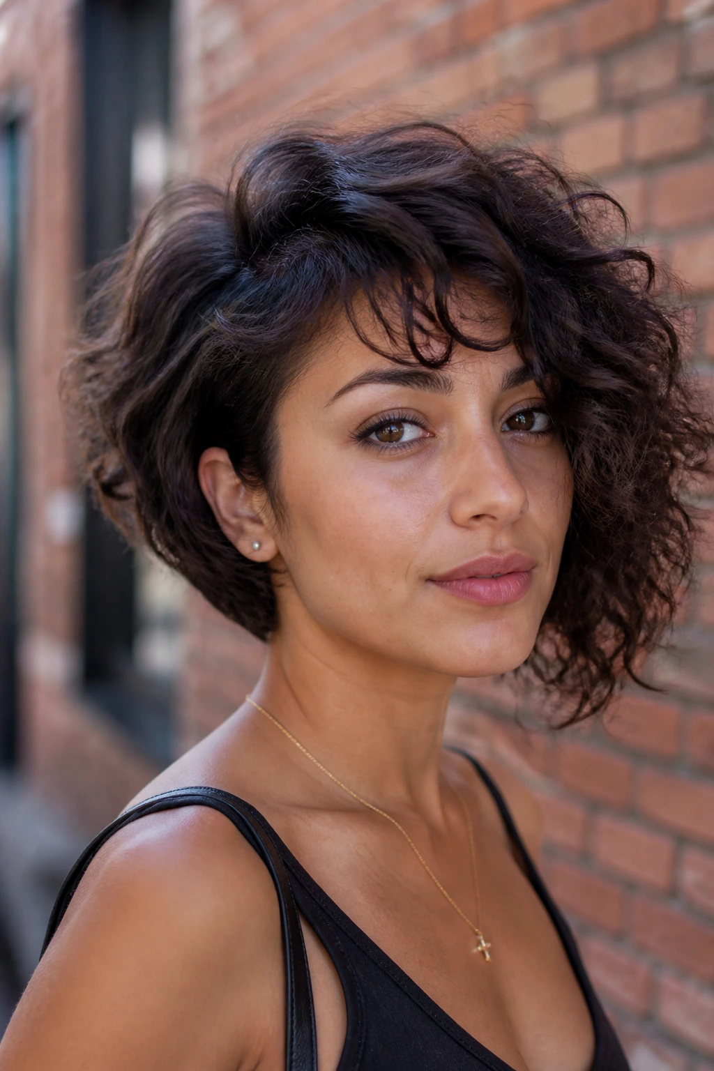 Portrait of a real woman with rounded asymmetrical curly bob and diagonal curtain bangs.