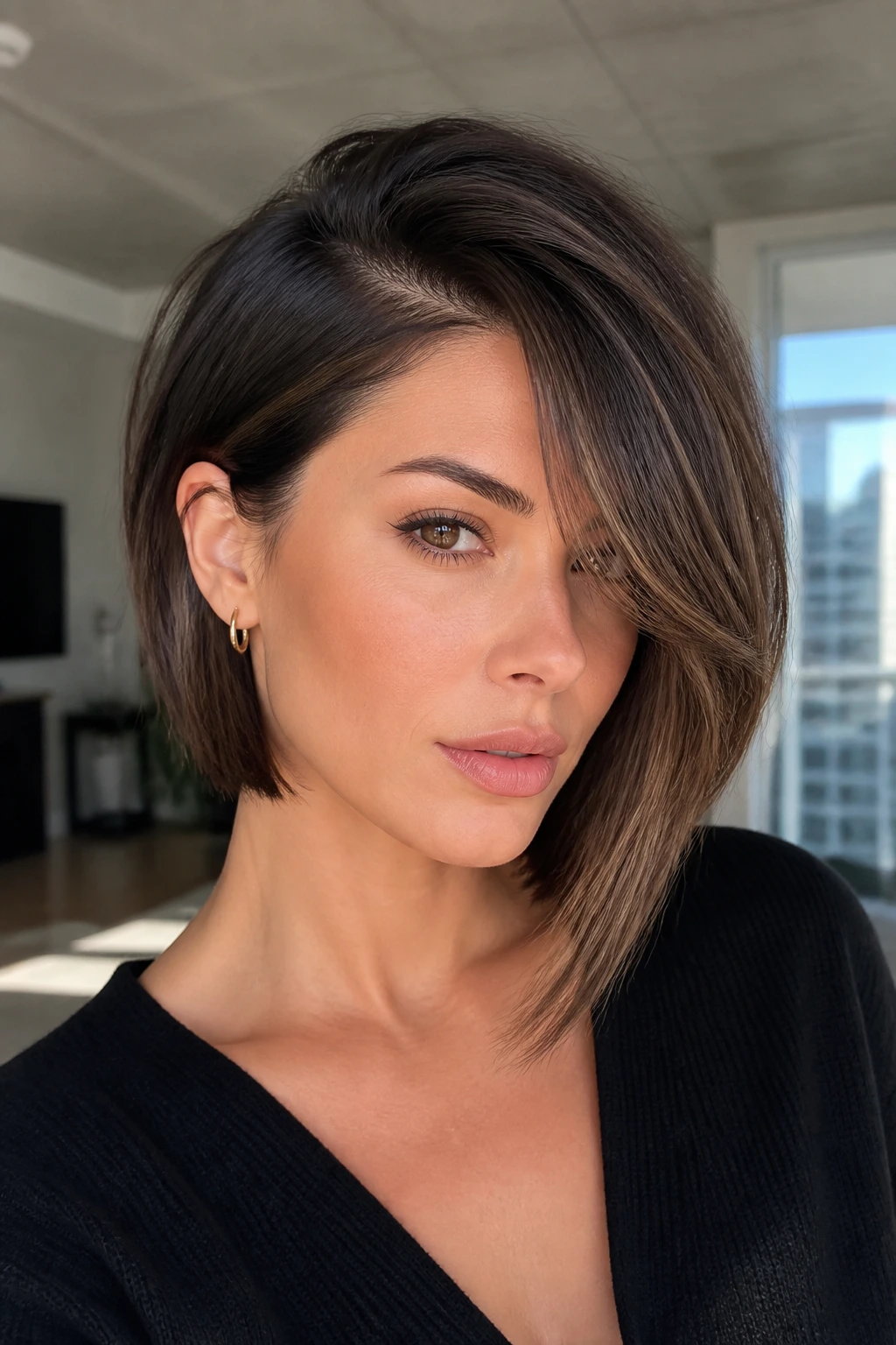 Portrait of a real woman with an asymmetrical bob and deep side part.