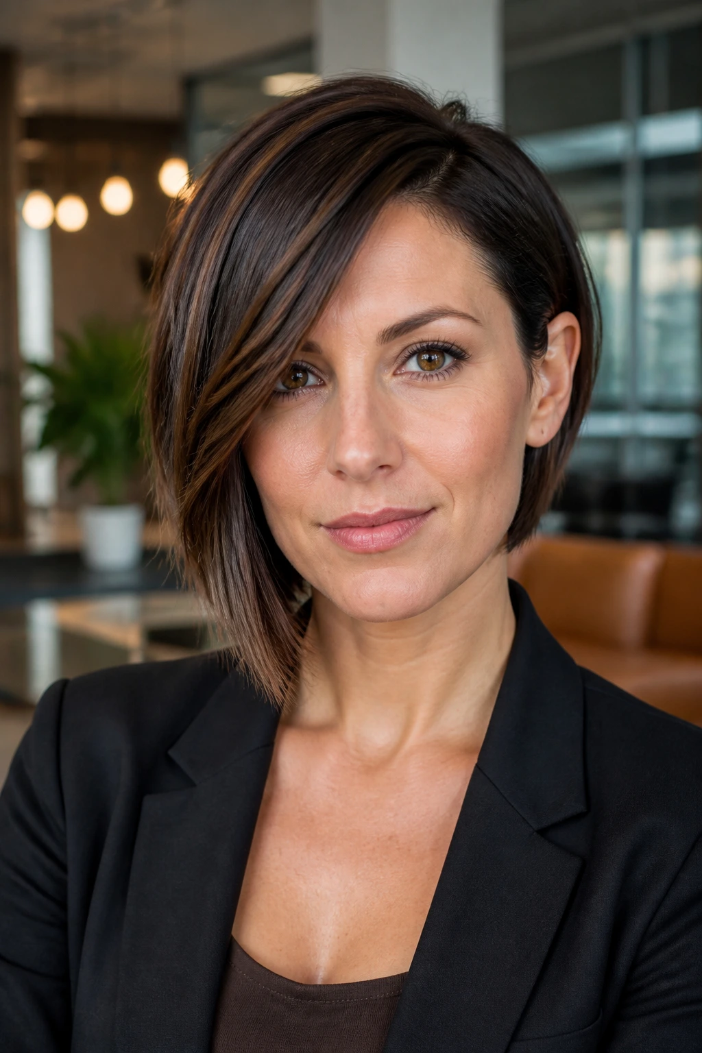 Close-up portrait of a real woman with an asymmetrical bob