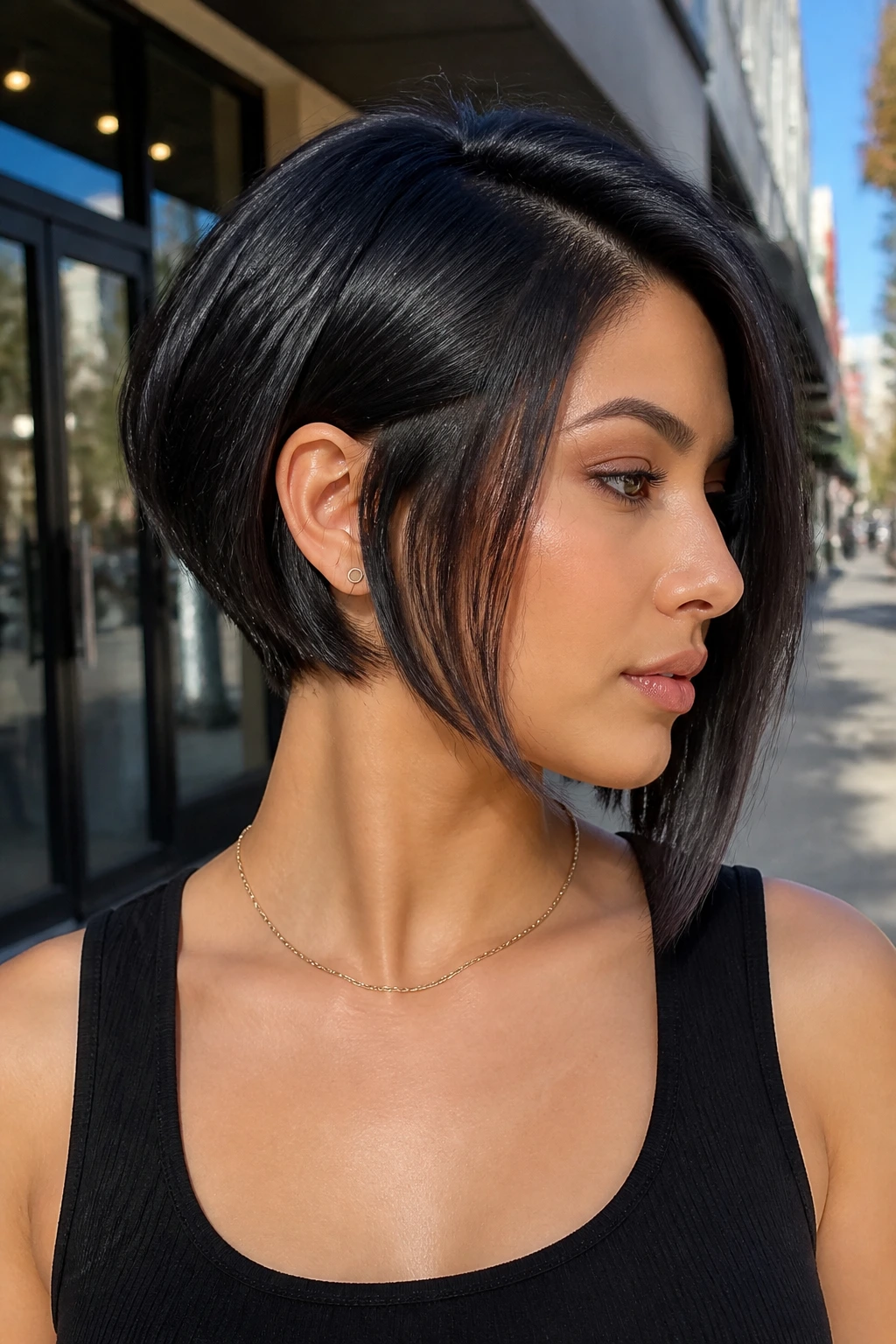 Close-up of a real woman with an asymmetrical bob and tapered nape