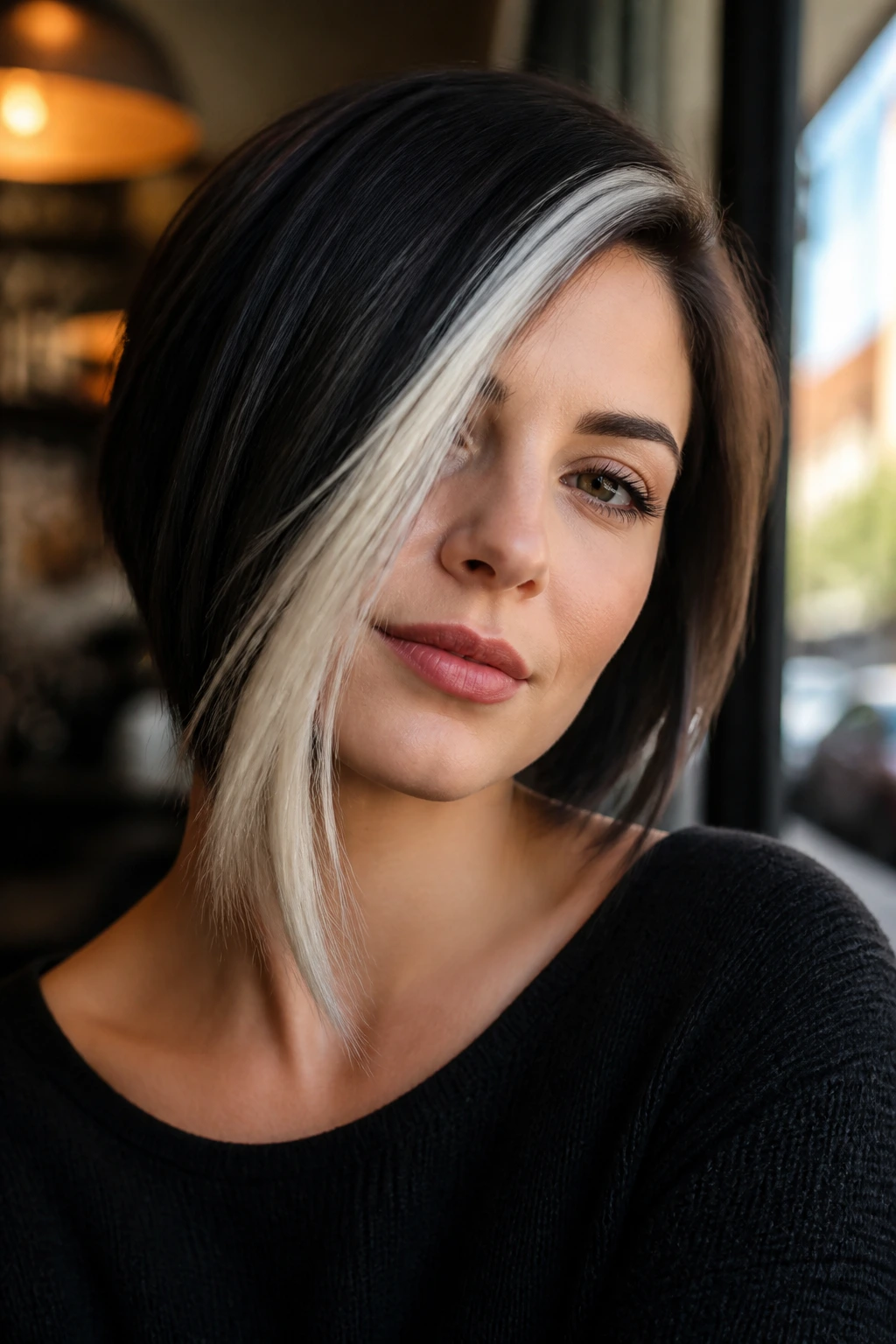 Close-up of a woman with an asymmetrical bob and a platinum streak.