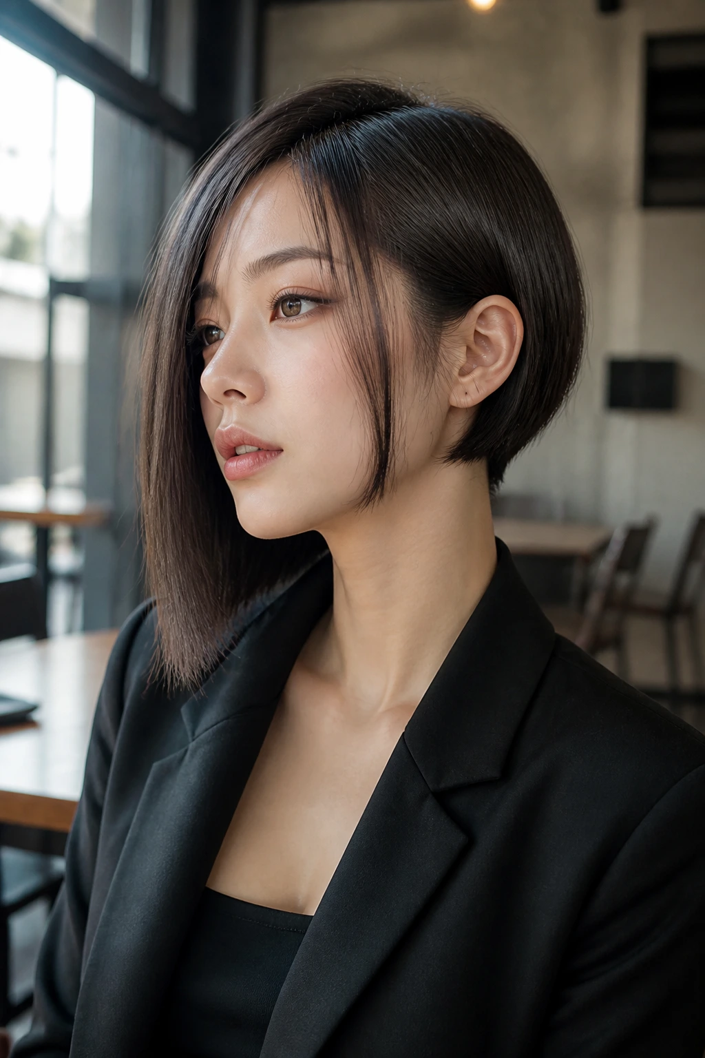Close-up portrait of a real person with an asymmetrical bob