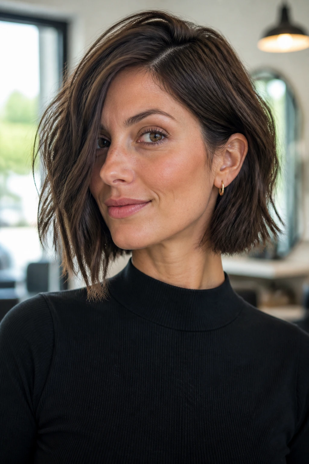 Portrait of a real woman with a choppy asymmetrical bob