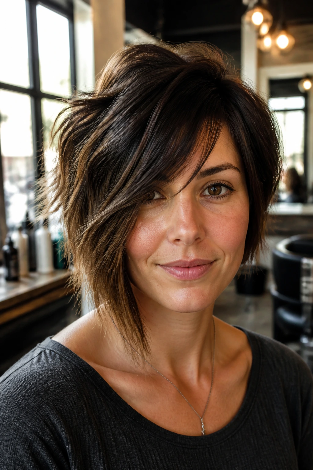 Close-up of a real woman with an asymmetrical choppy bob, shorter side and longer jagged layer