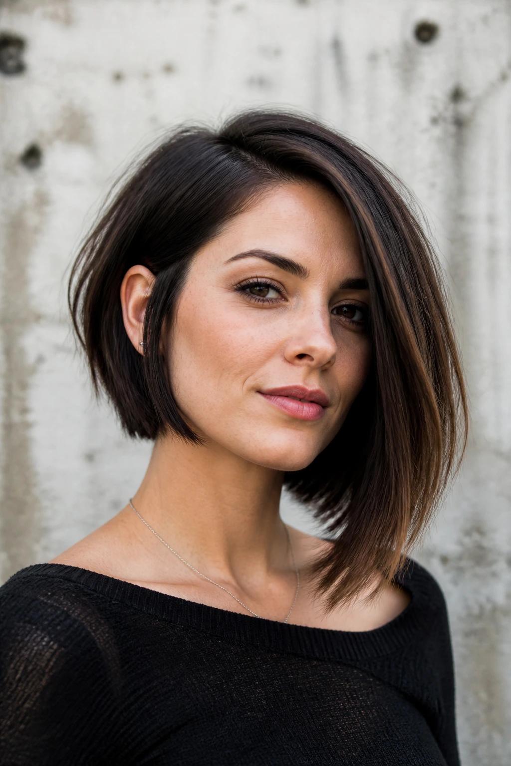 Portrait of a woman with an asymmetrical bob hairstyle.