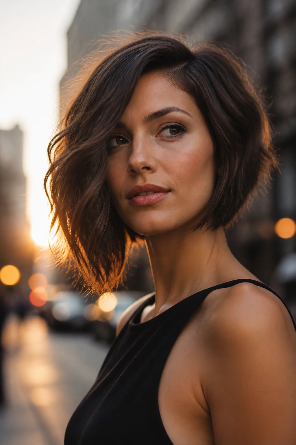 Close-up of a real woman with an asymmetrical bob on an urban street at golden hour