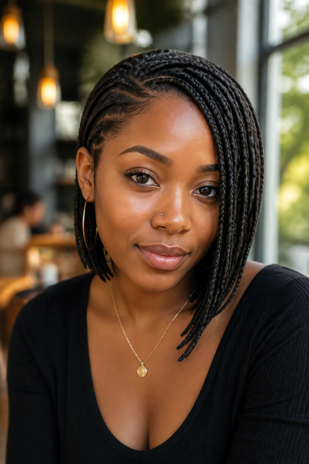 Close-up portrait of a woman with an asymmetrical braided bob in warm cafe light.