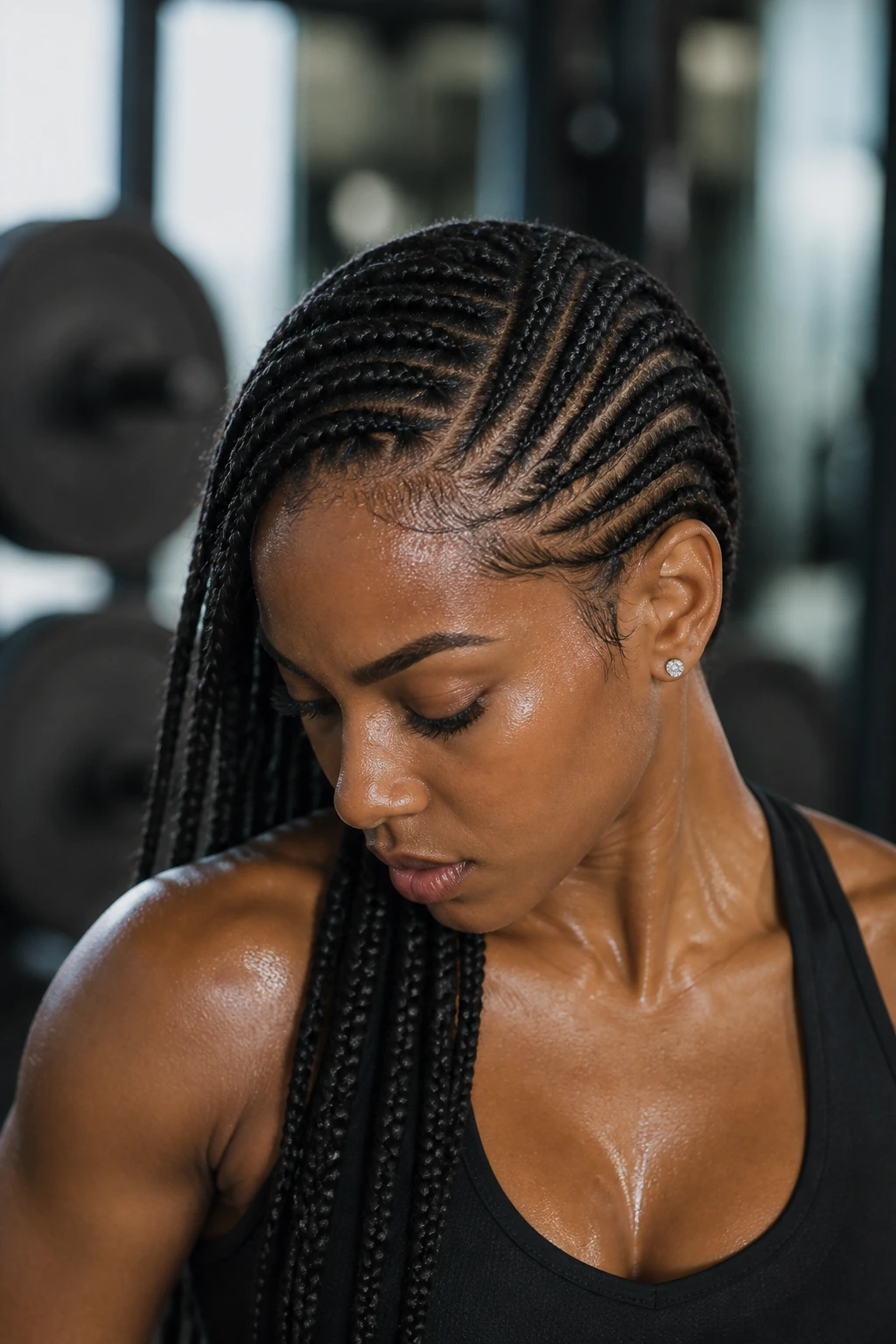 Close-up of real woman with asymmetrical goddess cornrows during workout.