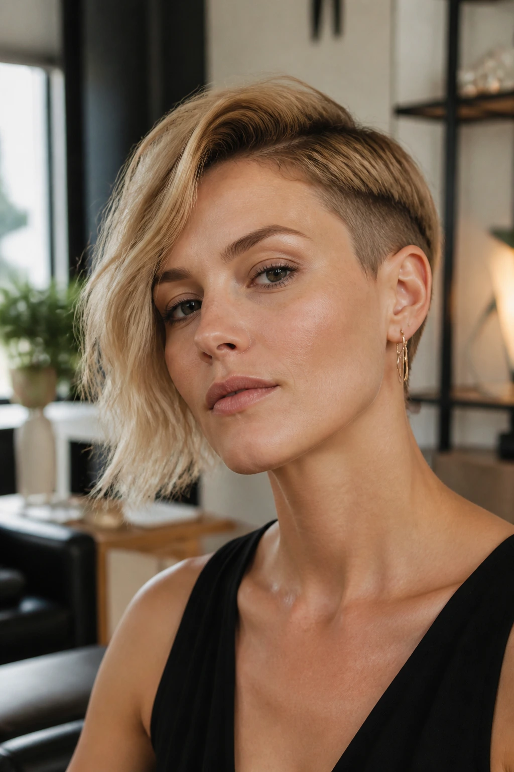 Close-up of a real person with an asymmetrical crop hairstyle.