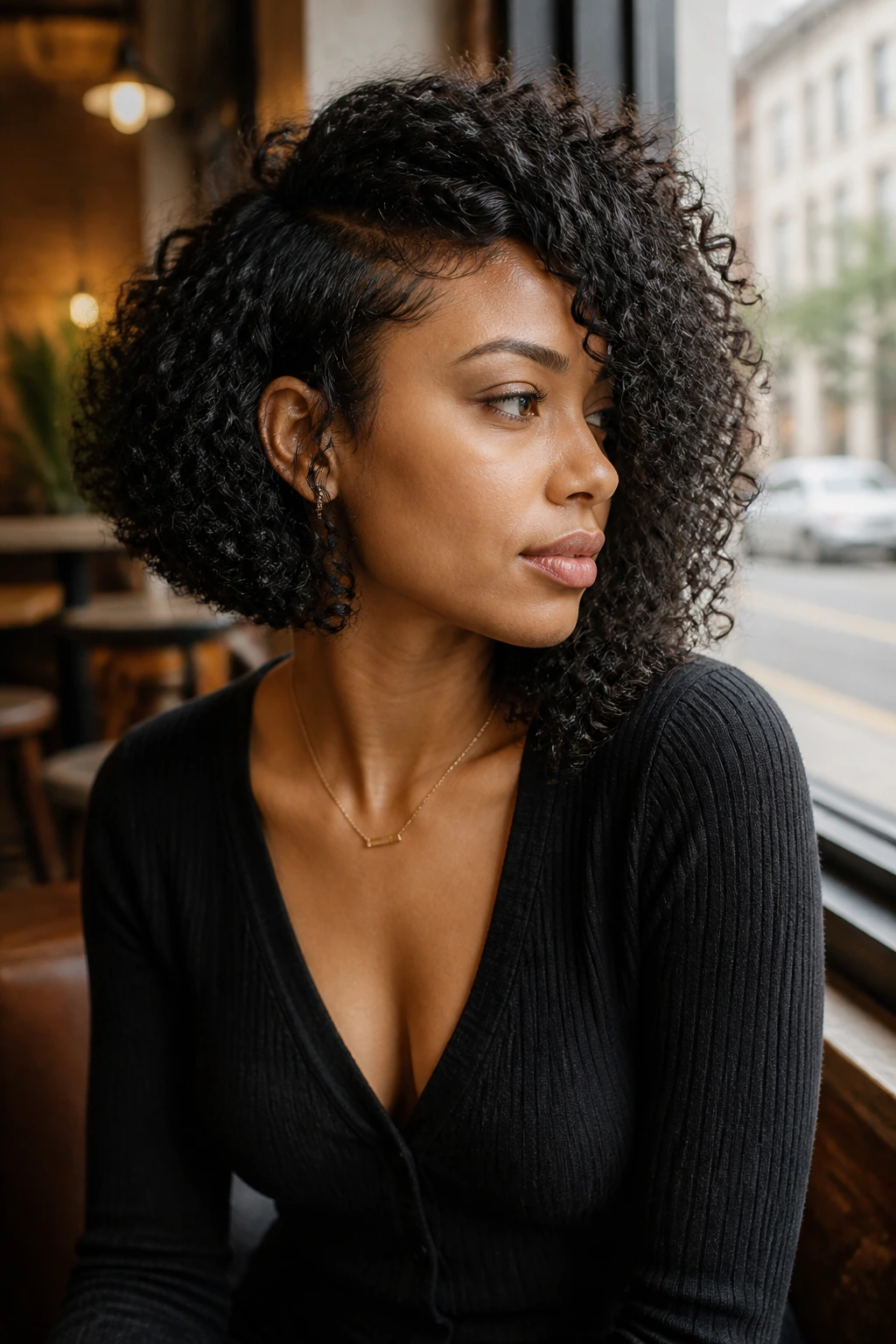 Close-up of a real person with an asymmetrical curly bob