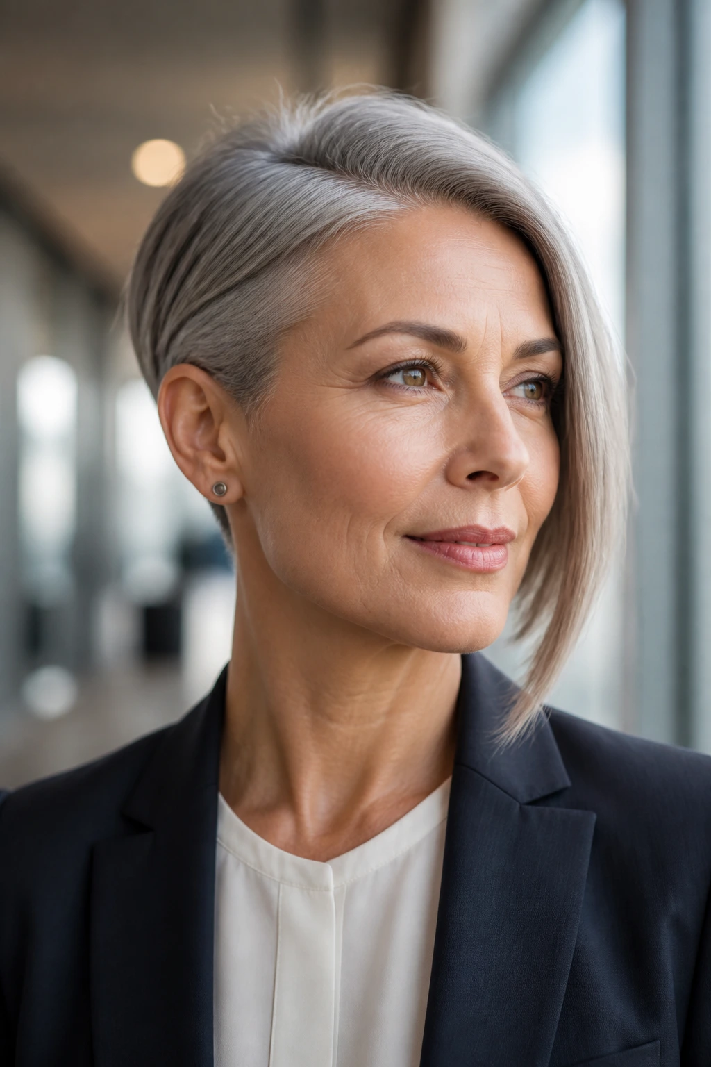 Close-up portrait of a real woman with an asymmetrical grey haircut in an office setting
