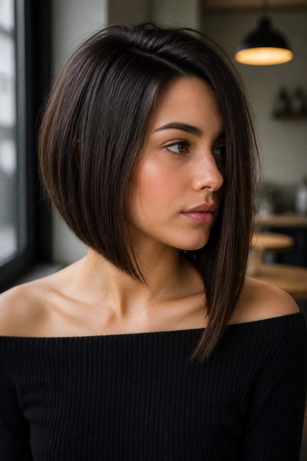Portrait of a real woman with an asymmetrical lob hairstyle.