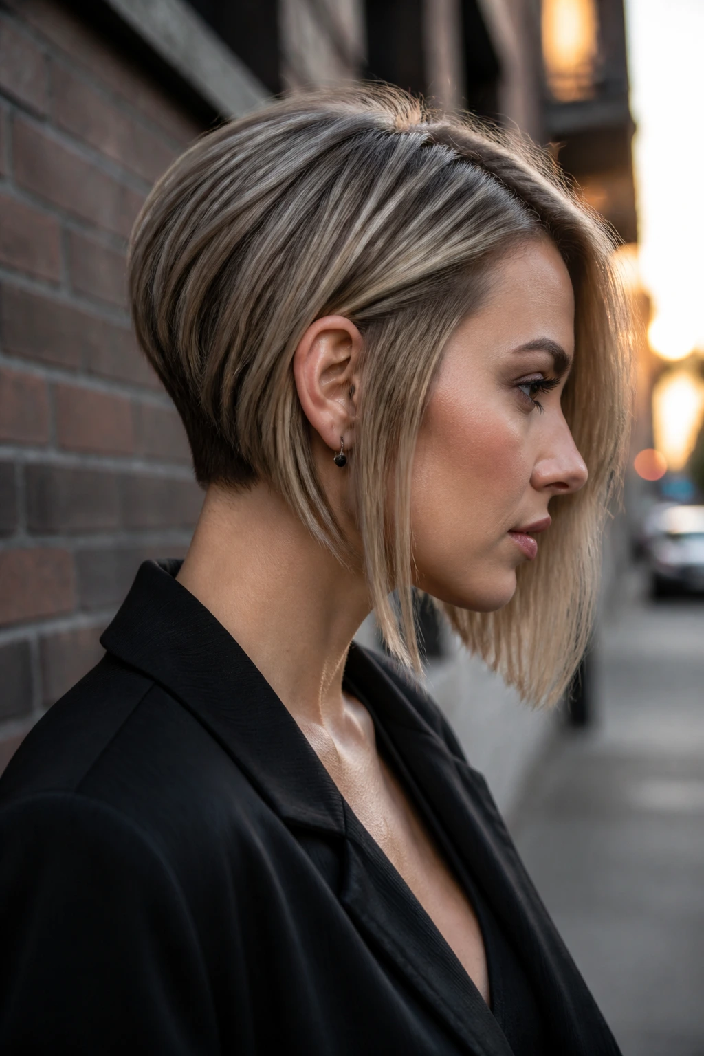 Side-profile of real person with asymmetrical lob and sharp nape